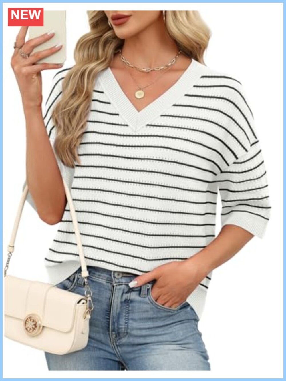 Oversized 3/4 Sleeve Knit Sweater Crochet Striped Fall Pullover